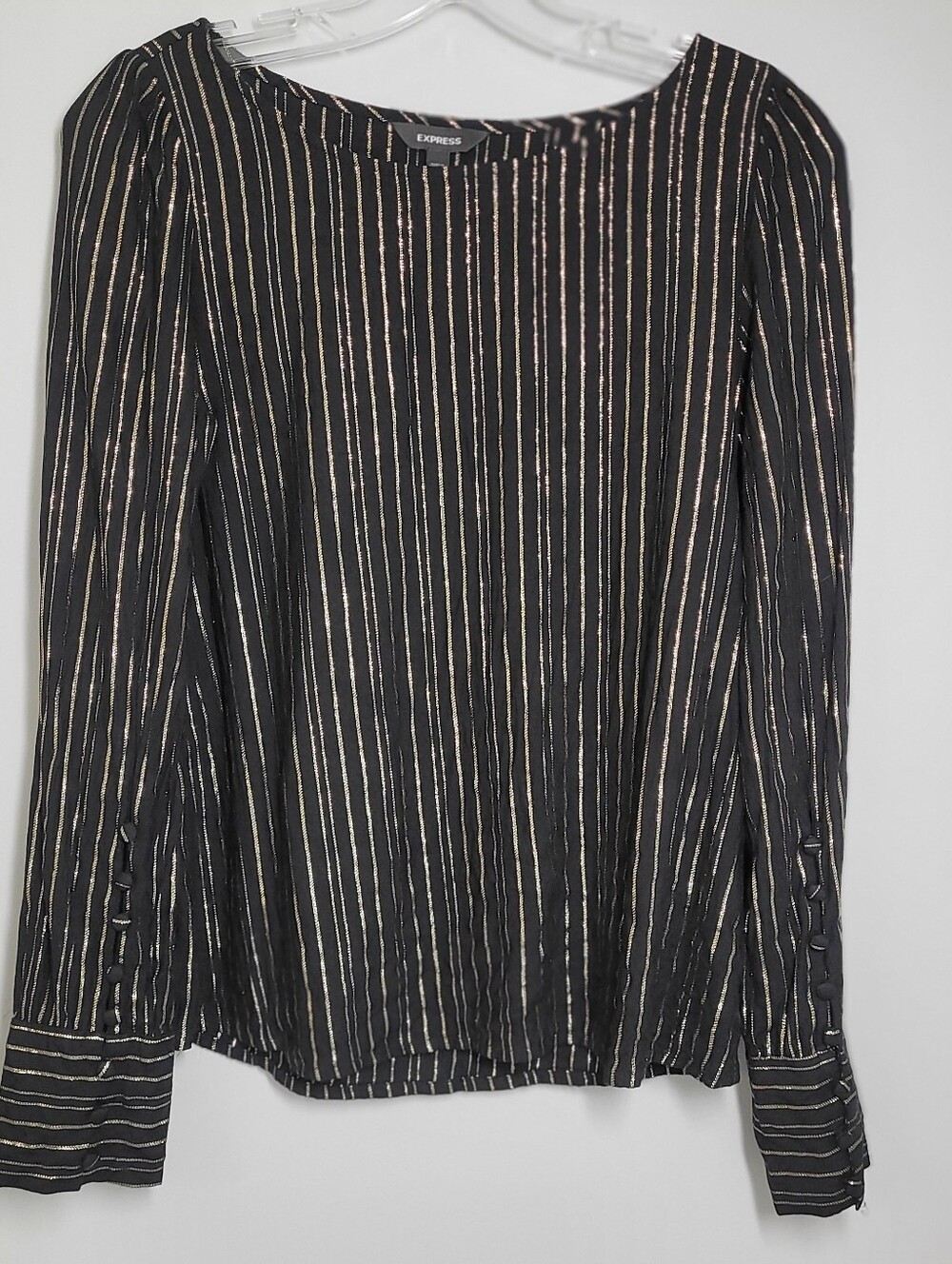 Express Black Blouse w Metallic Gold Pinstripes Button Detailed Sleeves S/P EC